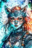 Placeholder: front facing watercolor portrait illustration of a gothpunk armored female kitsune vampire mercenary , beaded dreadlock hair, wearing an ancient ornate japanese kitsune mask , and shemagh, highly detailed with gritty post apocalyptic textures, caught in a cosmic maelstrom of swirling gases , finely detailed facial features and hair, in the graphic novel style of Bill Sienkiewicz, and Jean Giraud Moebius, ink wash and watercolor with realistic light and shadow