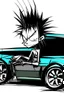 Placeholder: 2d drawing of a stickman, cool with punk hair, x eyes like in hangman, sideview of him sitting in a car, arm slightly lifted and resting on door