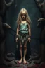 Placeholder: Pretty blonde girl, locked in a dark and dirty dungeon, with rats and malevolent entities, trapped with shackles and with her dirty clothes, barefoot, scared