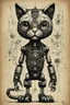 Placeholder: Hand drawn full body illustration by Wayne Reynolds ,old paper with detailed engineering schematics of dark gothpunk cute robotic monster cat with highly detailed facial features, detailed drawings, 8k