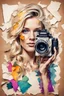 Placeholder: portrait of a blonde woman with a camera, background old torn paper, bright colors, ART drawing