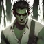 Placeholder: standing male, young orc, male, 2d, portrait, white ripped shirt, black ripped pants, dark jungle background, poster, blood, Charlie Bowater, smirk, cinematic illustration, light green skin, charismatic face,