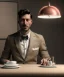 Placeholder: Ultra realistic photographic portrait, elegant Marcello Mastroianni man sitting with arms resting on Italian kitchen table, pretty tortellini dish, retro dress by 1960, suit, classic style decoration, cold, soft color, highly detailed, unreal engine 5, ray tracing, RTX, lumen lighting, ultra detail, volumetric lighting, high definition.