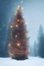 Placeholder: Huge lonely Christmas tree full of lights in a dark snowy forest, warm glow, soft colors, small human on bike