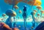 Placeholder: woman in a tight suit, on the shores of an alien world, with mushrooms, with jellyfish tentacles floating in the air, photorealistic, Detailed Matte Painting, Deep Colour, Fantastical, Intricate Detail, sunshine, blue sky