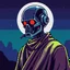 Placeholder: 8 bit pixelart of a terminator like robot, synthwave colored, vaporware, budist monk robe