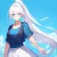 Placeholder: Clear focus, 8k, beautiful lighting, vibrant colors, girl, white hair, long hair, blue eyes, ponytail, summer clothes, summer background,