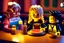 Placeholder: blonde lego girl and curly black haired lego boy eating lego pizza in an italian restaurant in candlelight