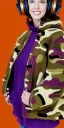 Placeholder: Brunette woman. average body type, think thighs and thick calves. Mantle is sewed of recycled Denim and sewed together of camouflage pieces. Printed camouflage figures are orange,terracotta, cream and purple. It is with big bright purple felt tippet and cream-colored-hood. mantle is merged with satchel. . AKG-style headphones (gold rings!) is merged with small felt cap with small visor. Style: Haute Couture in 1936, Paris fashion in 2023, inspired by street art. Cream latex gaiter.