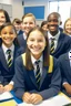 Placeholder: 20 Smiling students wearing school uniforms sitting inside a classroom with clear details of diverse faces