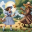 Placeholder: Dorothy Gale in her Gingham dress attacks the Scarecrow with a box matches or a Zippo lighter, a flying saucer