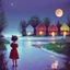 Placeholder: A little girl in a red dress is standing on the street looking at the moon, with blue and yellow houses in the background, girl under the lantern, bright night painting, whimsical art, fairy tale painting, dreamy illustration, pleasant night fireflies, dreamy art, amazing art, night lights, magical realism painting, Dreamy Night, by Zofia Strynska, Beautiful Description, Illustration Art, Starry Nights, by Lucia Peka