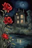 Placeholder: Night, one woman, distant house, red flowers, river, gothic horror films influence, albert durer watercolor paintings