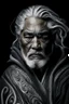 Placeholder: a photo of an Maori man with ethnic jewelry, grey hair and grey flowing robe, in style of Annie Leibovitz, contemporary portrait of a mature yet beautiful and modernist man, black and grey, detailed masculine face, swirling fluid smokey enigma, award-winning artwork