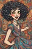 Placeholder: a cartoon illustration of a schizophrenic curly, short haired vampire girl in a paisley sundress, in the cartoon style of Lynda Barry , Ernie Pook's Comeek, vibrant natural colors, , museum quality masterpiece