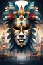 Placeholder: Generate an illustration of a festive carnival venetian antique mask over a low poly person ultra detailed 32k , the joyful atmosphere over a misty Venice background. dark baroque, shunga