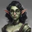Placeholder: dnd, portrait of cute orc-elf hybrid femboy, black hair, curled hair, hair covering one eye, round glasses
