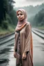 Placeholder: Wanita Indonesia cantik muslimah berdiri di tepi jalan yang sepi saat hujan deras