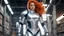 Placeholder: Laureline, the fiery-haired heroine known for her muscular frame and ample bosom, strides confidently in her skin-tight silver spacesuit that hugs every curve of her body. The reflective material of her suit catches the ambient light, giving her an ethereal glow as she moves with purpose through the enigmatic surroundings. The warehouse itself is a study in strangeness, with walls that seem to ripple and shift as if alive. Strange symbols and alien hieroglyphs adorn the metal surfaces, hinting