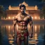 Placeholder: Hyper Realistic handsome Young shirtless muscular short hair Indian king standing in a lake outside traditionally beautiful Indian palace at night