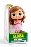 Placeholder: Funko figure of a very young female, smiling, long wavy soft brown hair, wearing a ballerina dress, pink dress, ballet, very cute, ballet pose,. The Funko is displayed inside and outside a limited edition green and yellow Funko box with "HELOISA" text, allowing visibility of the figure, typography, 3D render. White background