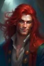 Placeholder: portrait of a young ruggedly handsome but joyful pirate, male, masculine, upper body, red crimson crimson deep red hair, long long flowing hair, fantasy, proud smirk, intricate, elegant, highly detailed, digital painting, artstation, concept art, matte, sharp focus, illustration, art by artgerm and greg rutkowski and alphonse mucha