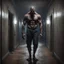 Placeholder: Hyper Realistic muscular headless man carrying his angry faced head & standing in a haunted hallway at night