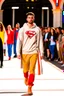 Placeholder: A guy on a fashion runway with Kryptonian Superman street wear Clothes in neutral colors