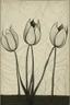 Placeholder: Minimalist rough abstract dusty Charcoal drawing of 3 cartoon tulips on a textured gesso background.