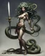 Placeholder: detailed persona, female, sword in hand, gorgon medusa, half turn, full height, leans on one leg, snakes on the head instead of hair