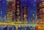 Placeholder: Night, futuristic buildings near trees, highway, people, sci-fi, realistic vision, impressionism painting