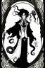 Placeholder: black haired young man necromancer wizard with gothic jewelry and tentacle fingers in the style of Aubrey Beardsley