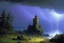 Placeholder: A violet castle in a thunderstorm near an acid pool painted by Caspar David Friedrich