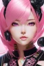 Placeholder: Detailed cute anime Kunoichi girl, pink hair buns, pink bangs, black latex bodysuit, intricate details, full body portrait, keep head in frame, slight smile, black Japanese motif, concept art, highly detailed, digital painting, concept art, sharp focus, illustration, art by Yoji Shinkawa, WLOP and greg rutkowski and alphonse mucha and artgerm and yanjun Chen and Junji ito and Makoto Shinkai, HDR, octane render