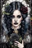 Placeholder: hyper photorealistic watercolor art style of a steampunk gothic style young woman with pale skin, big dark eyes, tiny nose, tiny mouth and messy dark hair , deep, dark colors, holding a black rose. She is gothic dressed, her expression is melancholic, surreal with mysterious elements. smooth blending, extremely detailed, realistic textures, cinematic, dramatic lighting