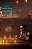 Placeholder: Skeletons having a drink at a bar counter, smoking sigars