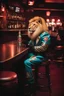 Placeholder: photo of a lion dressed bosozoku outfit sitting at a table in a bar with a bar stools, bottle beer, award winning photography, Elke vogelsang, bosozoku outfit, award winner photo