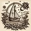 Placeholder: Traditional Old School Tattoo Design featuring a Guitar, flowers, the Sun, a Compass, and a Sailboat sailing over the sea waves, simple and small, Tattoo Art by Sailor Jerry. Few lines, stylized, sketch, black and white.