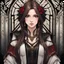 Placeholder: A portrait headshot of a confident looking young woman with pale skin and long brown hair in a dark fantasy setting with intricate details. She is wearing black and read leather, has red eyes, an air of malevolent power surrounds her. Anime style. High definition.