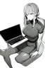 Placeholder: hacker girl use a laptop sitting in a cafe, line arts, greyscale