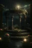 Placeholder: magical overgrown secret garden, roses, ivy, fountain, twilight, moon, stars dark tones, warm tones