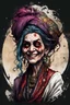 Placeholder: highly detailed full color, caricature concept illustration of a ragged female fortuneteller character , maximalist, sharp focus, highest resolution, in the styles of Ralph Steadman, Brom, Denis Forkas , and Masahiro Ito, boldly inked, 8k, coarse, gritty textures