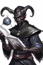 Placeholder: En male black skin tiefling fra dnd holding a book with Arcane Magic simple swirling around them in a silver Rope