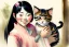 Placeholder: A cute smiling asian girl is holding a kitten. Watercolour