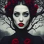 Placeholder: a photo of gothic girl, surrealism style, dali, tree eyes in your face, red lips