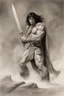 Placeholder: book covers, Conan of Aquilonia , pencil drawing with eraser marks, Movie poster, in the art style of Boris Vallejo,