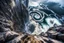 Placeholder: at the base of the rocky mountain peninsula, a great whirlpool waterfalls into deeper unknown depths