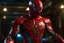 Placeholder: Spider man in a mega cool red iron super suit with spikes on his arms and shoulders, hdr
