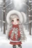 Placeholder: little,doll, girl, long curly hair, big eyes, red cheeks, winter clothes, snow shoes,full view.