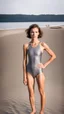 Placeholder: beautiful anorexic young woman, total shot, short shiny grey triathlon swimsuit, short brunette wavy bob hair, blurred beach background